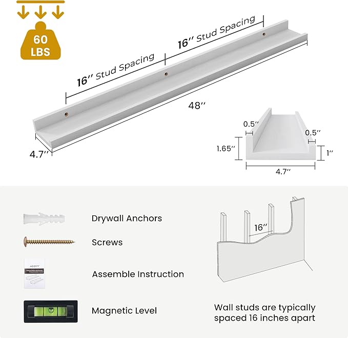 Solid Ash Wood Picture Ledge Shelf, Wood Floating Shelves Set of 2, 48 Inch Long Large Photo Ledge Shelves, Nursery Book Shelves Wall Mounted for Living Room Kids' Bedroom Decor, White