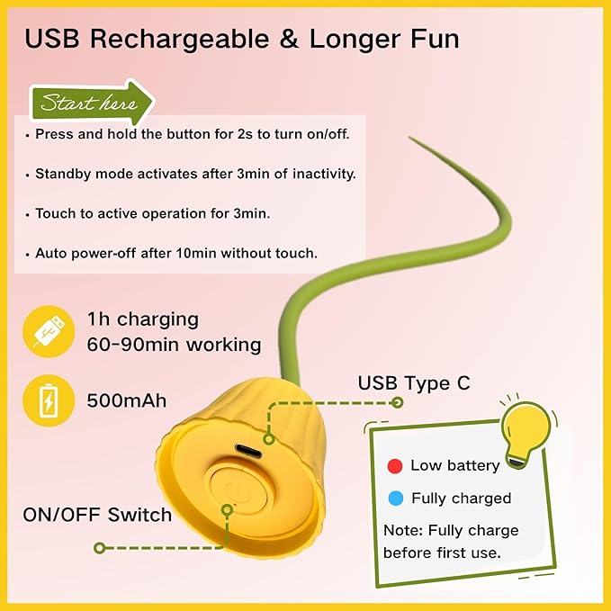 Interactive Electric Cat Teaser Wand Toys with Silicone Tail, Rechargeable Exercise Toy for Indoor Cats and Kittens (Yellow)
