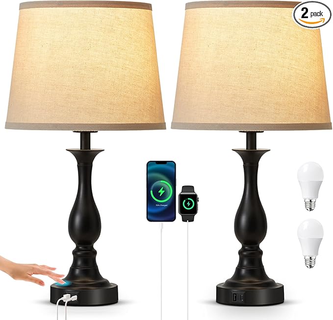 Bedside Table Lamp Touch Control Bedroom Lamps with USB A and C Charging Port 3 Way Dimmable Touch Lamps for Nightstand Living Room Bedroom Dorm Home Office Reading, Set of 2