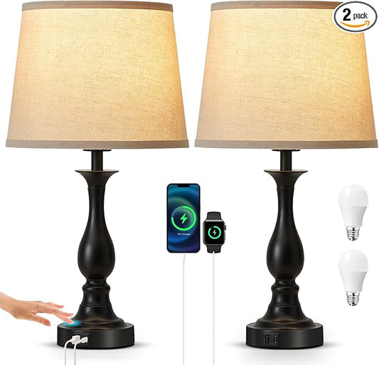 Bedside Table Lamp Touch Control Bedroom Lamps with USB A and C Charging Port 3 Way Dimmable Touch Lamps for Nightstand Living Room Bedroom Dorm Home Office Reading, Set of 2