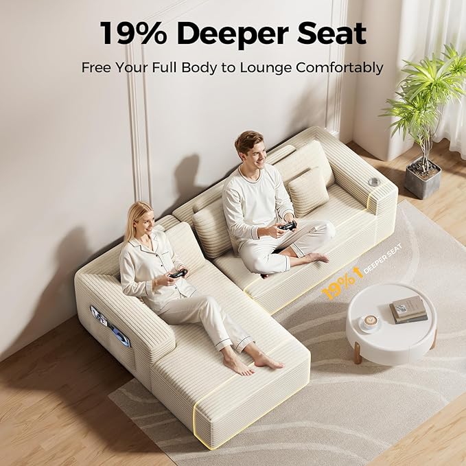 108” Cloud Sectional Couch in One Box, Compressed Modular Sectional Sofa with Deep Seat, Corduroy Boneless Couches, L-Shaped Sofa for Living Room, 4 Storage Pockets(Left Facing Chaise, Beige)