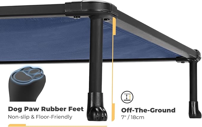 Veehoo Chewproof Elevated Dog Bed - Cooling Raised Pet Cot, Breathable Mesh, Washable & Non-Slip for Large Dogs, Indoor/Outdoor, Blue Mat and Black Frame, 42x30inches (Model CWC2203A03)