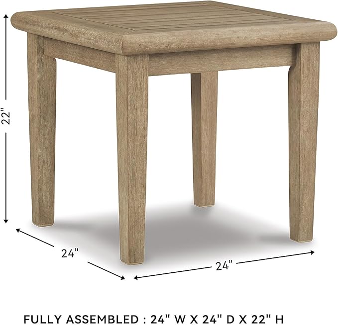 Signature Design by Ashley Gerianne Outdoor Square End Table with Slatting Styling and 5-Step Finishing Process, Eucalyptus Wood Frame, 22" High, Grayish Brown