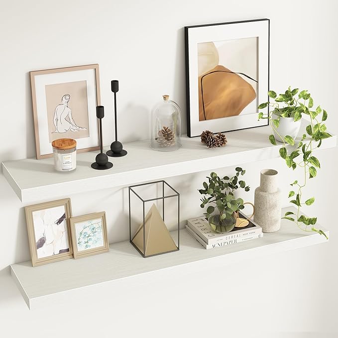 Fun Memories 48Inch Floating Shelves, 9.3Inch Deep Rustic Wall Shelves - Extra Deeper & Thicker Wall Mounted Storage Shelf for Kitchen, Farmhouse - Set of 2 - Rustic White