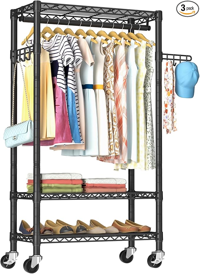 Heavy Duty Clothes Rack Rolling Garment Rack,3 Tier Adjustable Wire Shelving Clothing Racks for Hanging Clothes with Hanger Rod&Side Hooks,Freestanding Wardrobe Storage Rack Metal Portable Closet