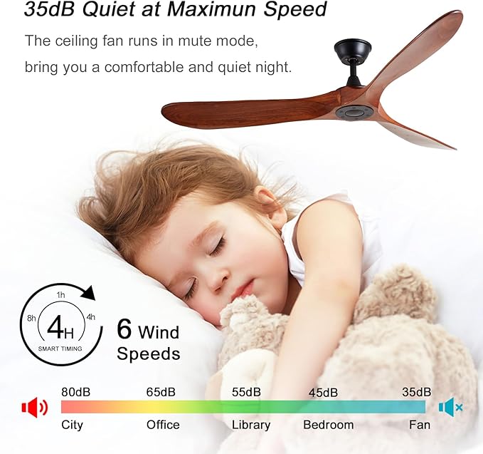 60 inch 3 blade Wood ceiling fan without light, Noiseless Reversible DC Motor Walnut Ceiling Fan Without Light for Farmhouse Patio Living Room Bedroom, Indoor Outdoor Ceiling Fan with Remote