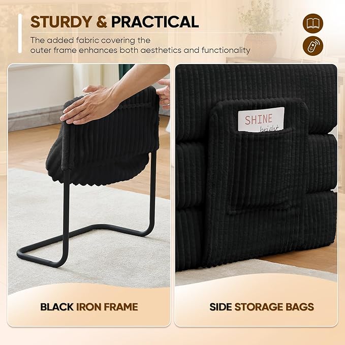 Antetek Convertible Sofa Bed, Comfy Corduroy Fluffy Love seat Sleeper Sofa, 5 in 1 Folding Couch Bed, Fold Out Floor Couch with Pillows for Bedroom, Living Room, Office, Wide Stripes, Black