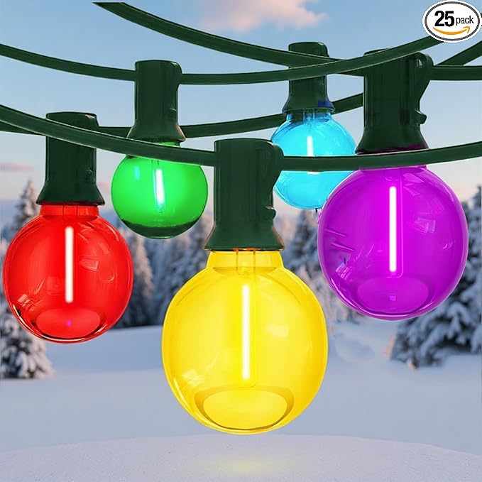 50Ft Outdoor Clear Multicolor Lights, LED G40 Globe Patio String Lights with 25 0.6W Colorful Bulbs(2 Spare), Outside Christmas Lights for Holiday Party Backyard Christmas