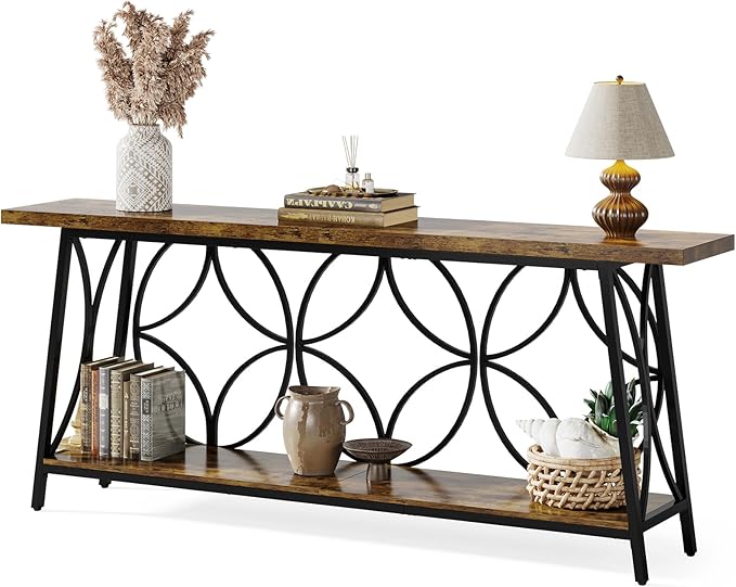 70.9-Inch Sofa Table, 2-Tier Narrow Console Table with Storage for Living Room, Entryway, Hallway, Foryer, Geometric Pattern Design (Rustic Brown)