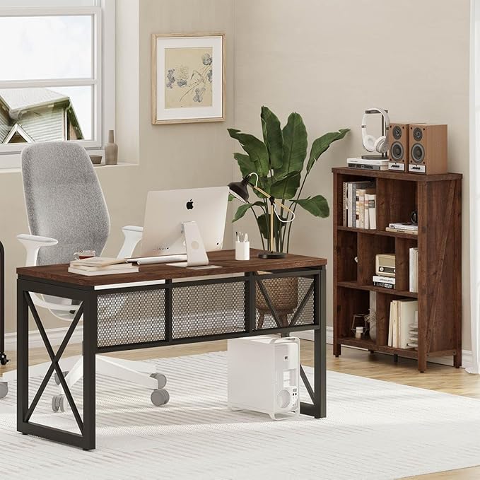 BON AUGURE Farmhouse Computer Desk, Modern Industrial Home Office Desks, Wood Metal Study Writing Table, Sturdy Gaming Desk (Rustic Oak, 54 Inch)