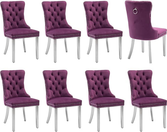 Luxury Upholstered Dining Chairs Set of 8, Purple Kitchen Chair with Silver Metal Legs, Velvet Tufted Back Dining Chair, Sillas de Comedor, Modern Kitchen & Dining Room Chairs (Purple, 8 Pcs)