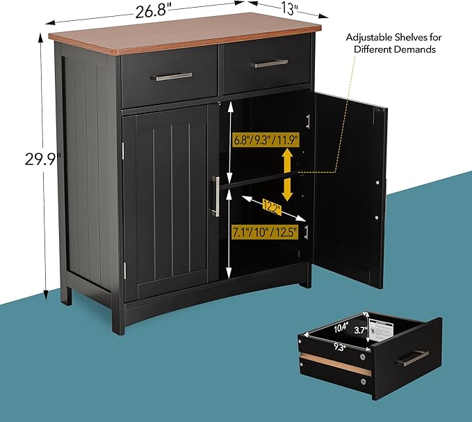 Buffet Cabinet with Storage, Coffee Bar Cabinet 26 x 30 Inches, Oak Top Sideboard Cabinet, Matte Black Finish, Anti-Fall Drawers, Arched Doors, Adjustable Shelves