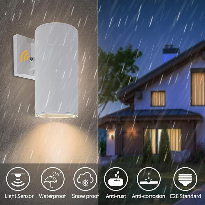 Dusk to Dawn Sensor Outdoor Wall Lamp, Exterior Lighting - ETL Listed, Die-casting Aluminum Anti-Rust Waterproof Wall Mount Cylinder Design – Up/Down Light Fixture for Porch, Garage or Doorway