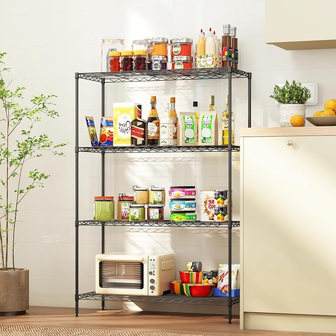 4-Tier Storage Shelves 35.4" L x 13.3" W x 53.7" H Metal Garage Shelves Standing Storage Shelf Adjustable Layer Racks with Steel Frame Suitable for Kitchen, Garage or Commercial Use (Black)