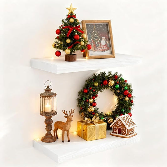 Fun Memories Floating Shelves 16 Inch Long, Wall-Mounted Bathroom Shelves Set of 2, 9.3 Inch Deep Shelf for Home Storage & Display, Wooden Deep Wall Shelves for Bedroom, Living Room, Kitchen, White