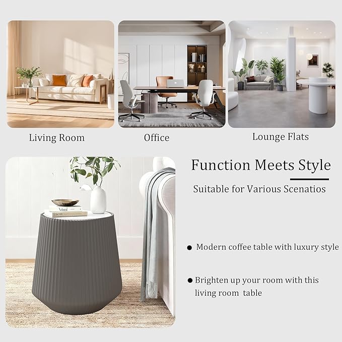 Round Coffee Table Set with Sintered Stone Tabletop, 26.77" White Drum Center Table and 19.68" Grey Coffee Table Set, 2 Pieces Living Room Table Set with Fluted PU Leather Cover& Stable Base