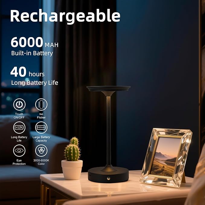 2 Pack Rechargeable Table Lamp, LED Cordless Table Lamp, 5000mAh Battery Operated Portable Table Light,Dimming for Restaurant/Patio/Outdoor(Black)
