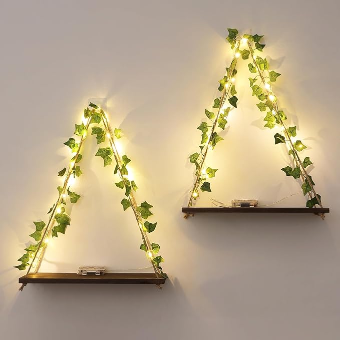Floating Shelves for Wall, Hanging Shelves with Artificial Ivy LED String Light, No Drilling Hanging Shelf, Wood Hanging Plant Shelves for Wall Décor, Boho Decor, Art Bedroom, Set of 2