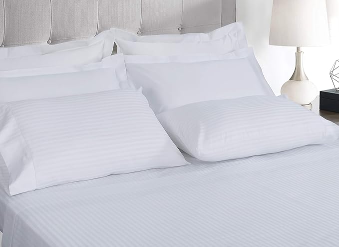 Threadmill 100% Cotton Sheets for Twin XL Size Bed - 600 Thread Count Twin XL Bed Sheets Set with 15” Deep Pocket - Damask Stripe Sateen Weave 3-Piece Bedding Set with Cooling Effect, White