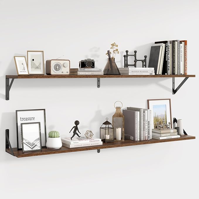 Axeman 48 Inch Floating Shelves | 8 Inch Deep Walnut Wall Shelves Set of 2 | 47.3W x 8D Rustic Wood Shelves for Bookshelf Living Room Bedroom Home Office Bathroom