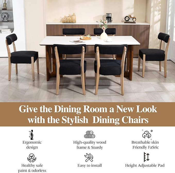 Dining Chairs Set of 6,Mid Century Modern Dining Chair Set - Linen Upholstered Low Back Kitchen & Dining Room Chairs with Woven Design,Black Fabric