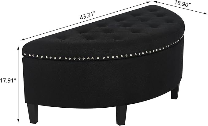 Homebeez 43" Half Moon Storage Ottoman Bench, Grainy Linen Fabric End of Bed Storage Chest with Nailhead Trim for Entryway Living Room,Dark Black