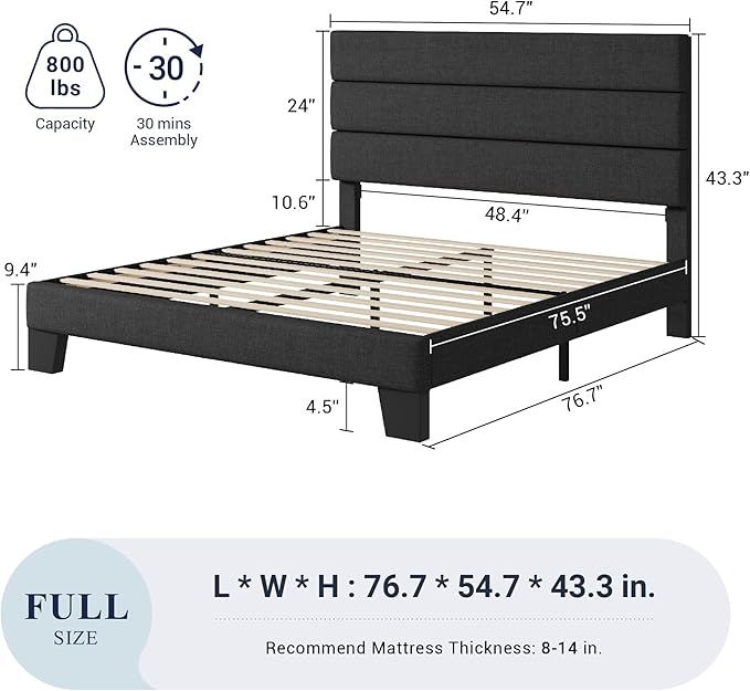 Allewie Full Size Platform Bed Frame with Fabric Upholstered Headboard and Wooden Slats Support, Fully Upholstered Mattress Foundation/No Box Spring Needed/Easy Assembly, Dark Grey