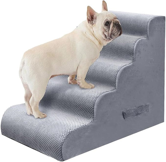 PAWSCART Dog Stairs for Small Pets, 22.8" H with 30D Material Soft Foam, Portable Ramp Non-Slip Surface Non-Slip for Couch and High Bed Climbing, 5-Step Stairs for Cat or Dog, LightGrey