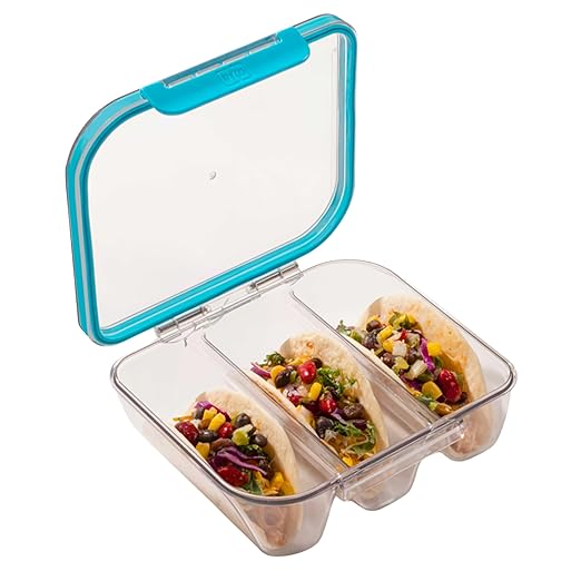 MyGo Pro Rectangular Taco Container, 3-Compartment Clear Heavy Duty Plastic Taco Holder, Portable Sleek Design, Spill-Resistant with Removable Gasket, 6.375" L X7.5" W X 2.75" H