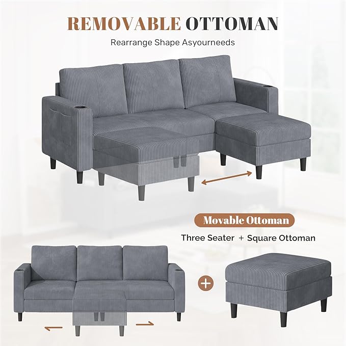 Upholstered Sectional Sofa and Couches, 78'' L Shaped 3-seat Sofa for Living Room, Apartment, Lounge,Bedroom-Washable Covers Convertible Sofas(Corduroy,Light Gary)