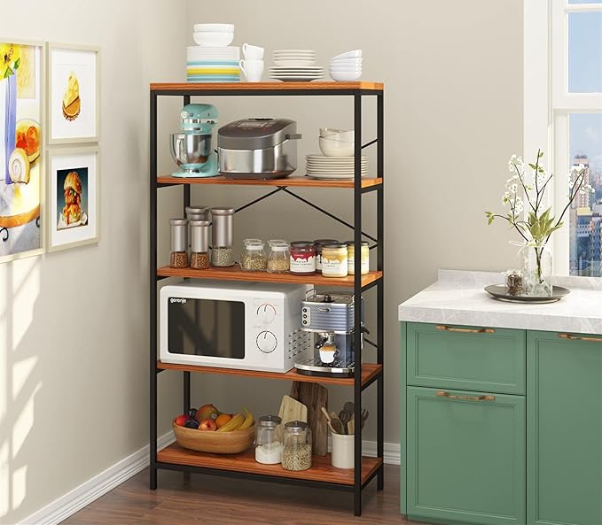 Himimi Industrial Bookshelf 5-Tier Set of 2, Bookcase 58" H Ladder Shelf, Storage Shelves Rack Shelf Unit, Accent Furniture Metal Frame, Home Office Furniture, Vintage Brown（2PCS）