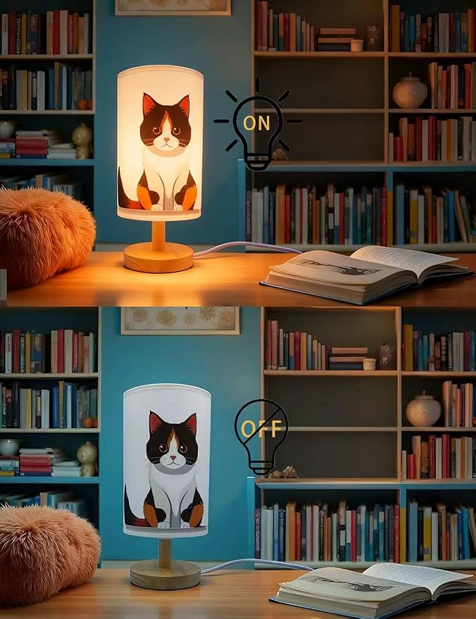Cat Lamp, Cat Night Light,3 Color Night Light Wood Nightstand Desk Base Flaxen Fabric Shade for Bedroom Living Room, Cats Lovers Gifts, LED Bulb Included