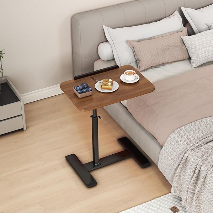 Adjustable Height C Shaped Side Table,360°Swivel Overbed Table,Top Tilting Laptop Stand Table with Hidden Wheels,Mobile Couch End Tables that Slide under,Rolling TV Coffee Table for Sofa/Bed(walnut)