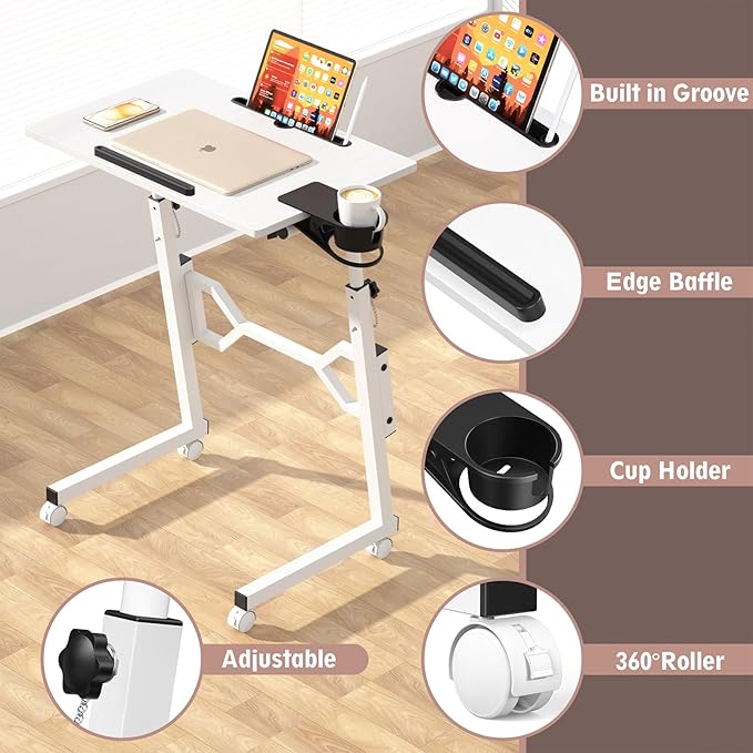 Small Standing Desk with Wheels, Portable Treadmill Desk, Rolling Desk Adjustable Height for Laptop, Mobile Standing Table for Walking Pad, Bedside Table