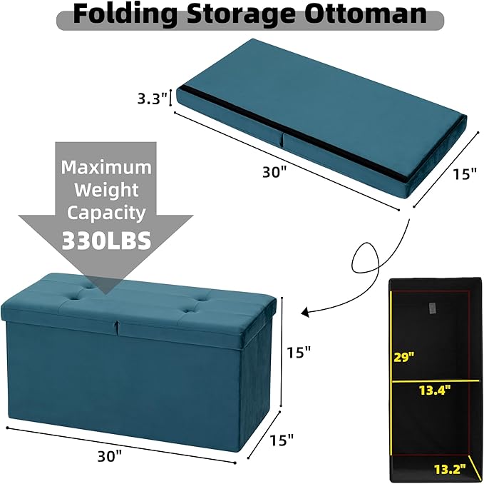 CAROLMADE 30 Inches Storage Ottoman Bench with Flipping Lid, Velvet Foldable Storage Footrest, Ottoman with Storage for Living Room Holds up to 330lbs, Teal