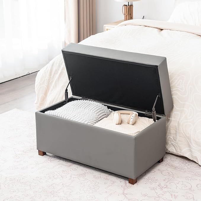 Joveco 32" Leather Storage Ottoman Bench, Rectangle Foot Rest Stool for Living Room, Bedroom, Entryway, Grey