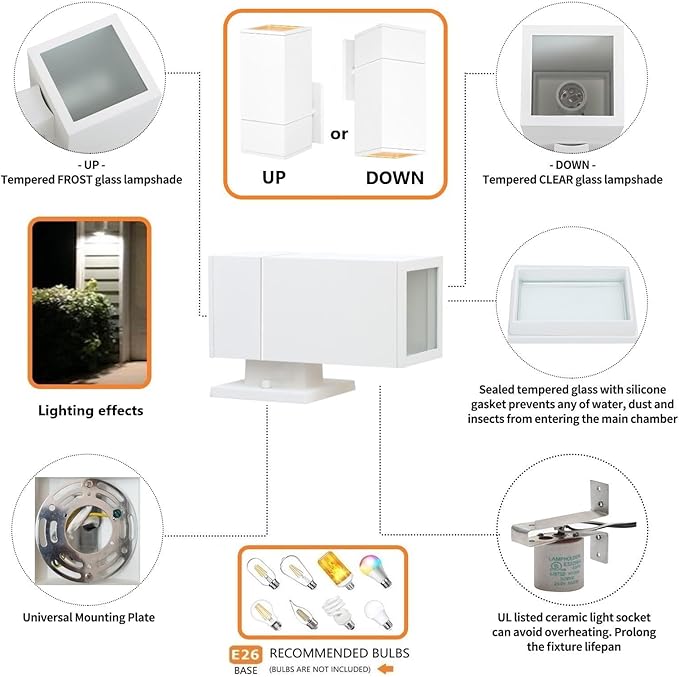 Outdoor Sconce, Exterior Light Fixture - ETL Listed, Aluminum Anti-Rust Waterproof Wall Mount Rectangular Design – 1-Direction Up or Down Wall Lantern Light Fixture for Porch, Garage or Patio