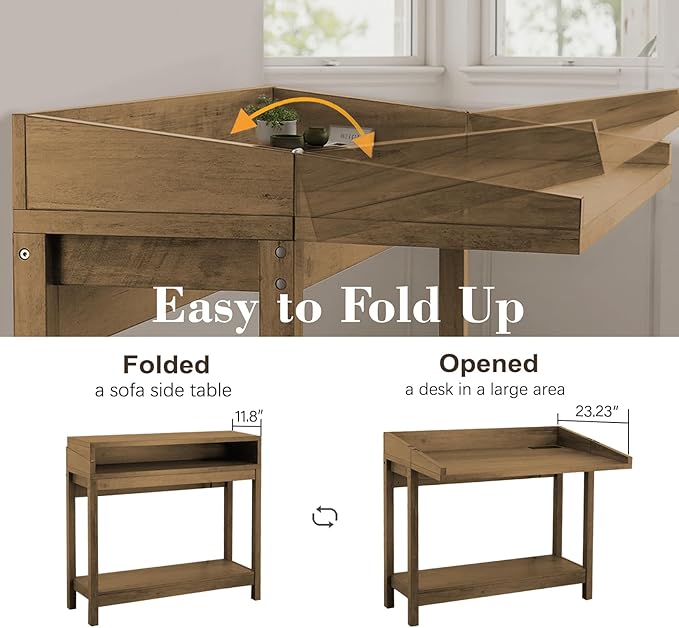 Foldable 38" Console Table with Charging Station & Storage, Side Table with Charging, Entryway Table with Anti-Tip Design,Rustic,Rustic Brown