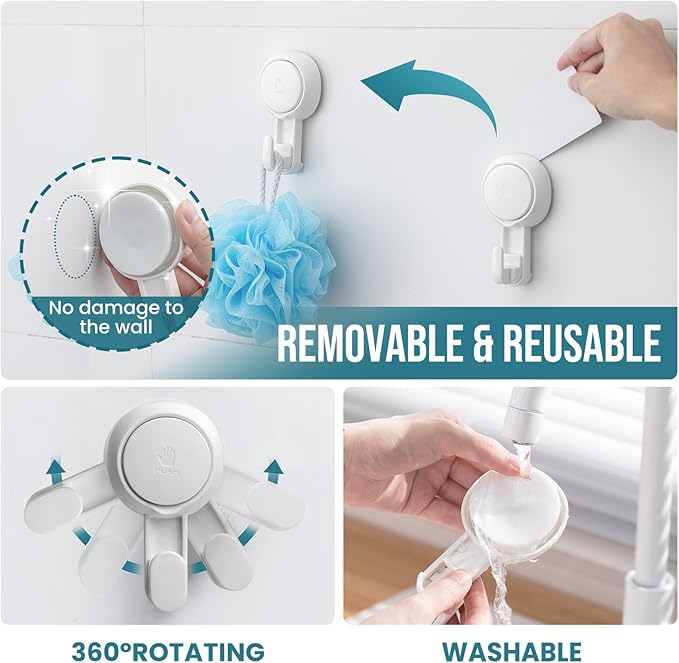 TAILI Suction Towel Hook for Bathroom, Damage-Free Hanging Hooks for Inside Shower Wall, Powerful Vacuum Suction Cup Shower Holder for Towel, Loofah, Cloth, Easy to Install and Remove, White, 4 Pack