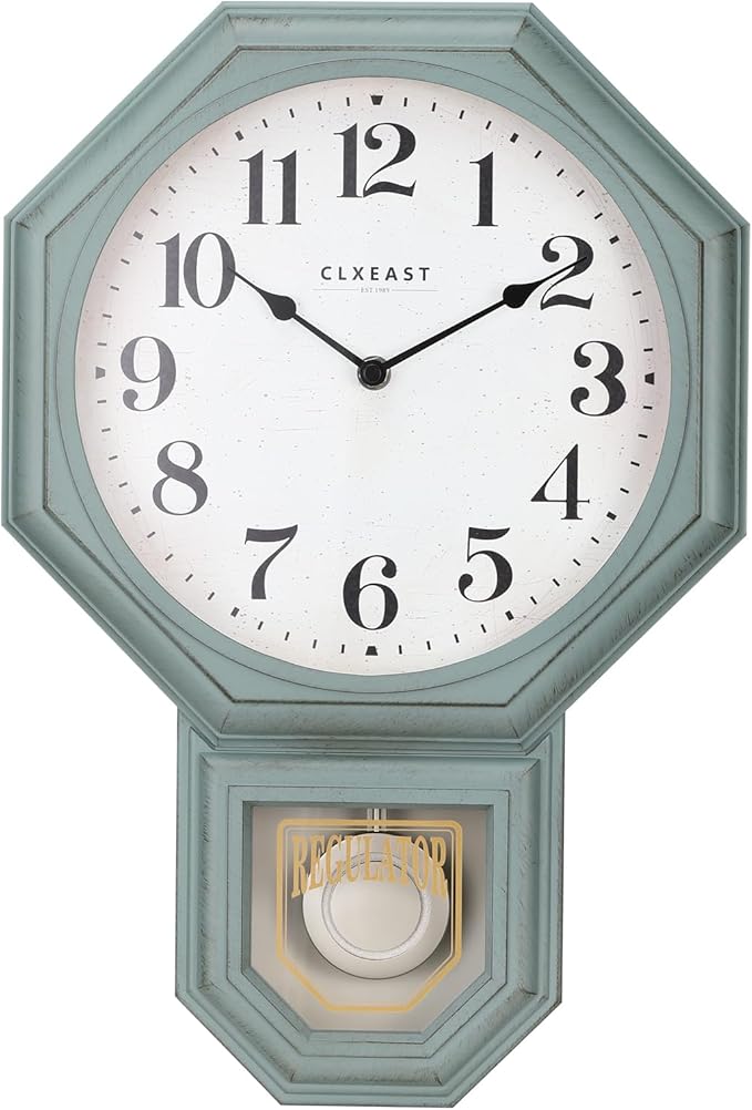 CLXEAST Pendulum Wall Clock, Schoolhouse Regulator Clock with Pendulum,Antique Aged Teal Green ABS Plastic,House Warming Gifts New Home,12" W x 17.5" H
