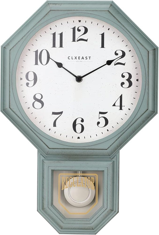 CLXEAST Pendulum Wall Clock, Schoolhouse Regulator Clock with Pendulum,Antique Aged Teal Green ABS Plastic,House Warming Gifts New Home,12" W x 17.5" H