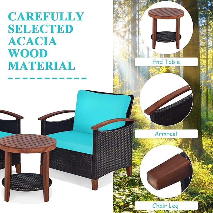 Tangkula 3 Pieces Patio Furniture Set, Outdoor Rattan Sofa and Side Table w/Solid Acacia Wood Frame, High Load Bearing Conversation Bistro Set w/Washable and Removable Cushions (Turquoise)