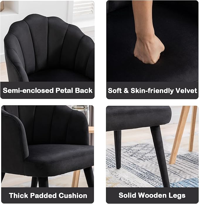 Velvet Dining Chairs Set of 4 Modern Living Room Chairs with Petal Back & Wood Legs Comfy Upholstered Side Chair Accent Chair for Dining Room/Bedroom/Vanity, Black