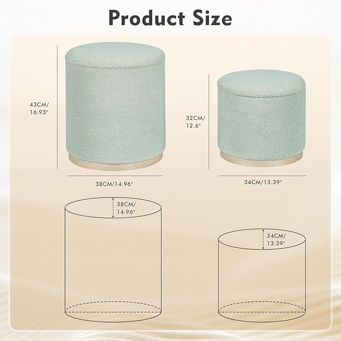 PINPLUS Round Ottoman with Storage Set of 2, Storage Ottoman with Tray, Teddy Velvet Ottoman Storage Modern Multifunctional Foot Rest Stool for Bedroom, Living Room, Dorm (Green)