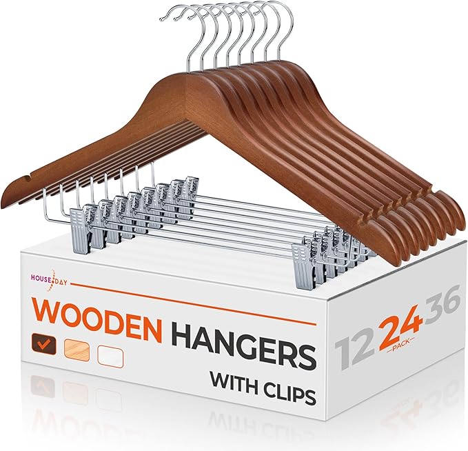 HOUSE DAY Wooden Hangers with Clips 24 Pack, Heavy Duty Walnut Wood Pants Hanger, Premium Skirt Hanger with Adjustable Clips, Solid Clip Hangers for Suit, Blouse, Dress, Coat, Jacket, Bottom