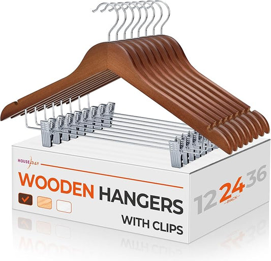 HOUSE DAY Wooden Hangers with Clips 24 Pack, Heavy Duty Walnut Wood Pants Hanger, Premium Skirt Hanger with Adjustable Clips, Solid Clip Hangers for Suit, Blouse, Dress, Coat, Jacket, Bottom