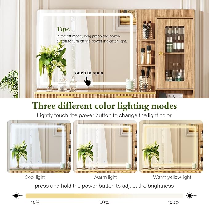 47.24" Big Modern Vanity Desk with Mirror and Lights,Makeup Vanity Desk with 5 Drawers and Storage Shelves & Power Outlet,Dressing Table with Glass Top, Oak