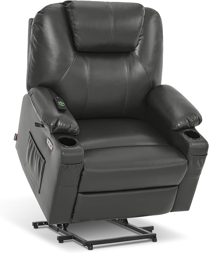 MCombo Extra Wide Power Lift Recliner Chair for Elderly, Lift Chair with Heat and Massage for Big People, USB&Type C Ports, Cup Holders, Faux Leather R7045 (Grey, Medium-Wide)