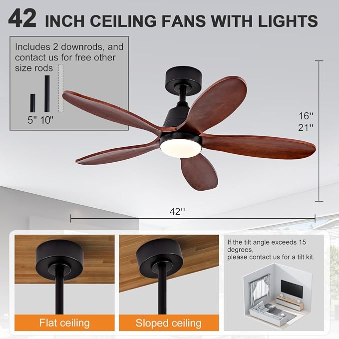 42 Inch Wood Ceiling Fans with Lights and Remote, Modern Ceiling Fan with Light, 5 Blades, Dimmable, Wall Switch, Memory Function, Indoor Outdoor Black Ceiling Fan for Patio Bedroom