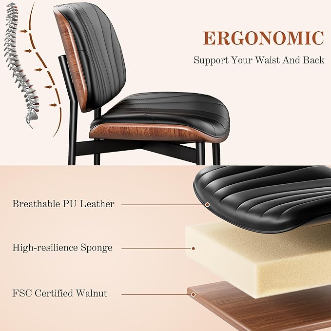 Dining Chairs Set of 2, Mid-Century Modern Upholstered PU Leather Chairs with Walnut Bentwood Back and Metal Legs Adjustable Feet for Kitchen, Black Shell Strips